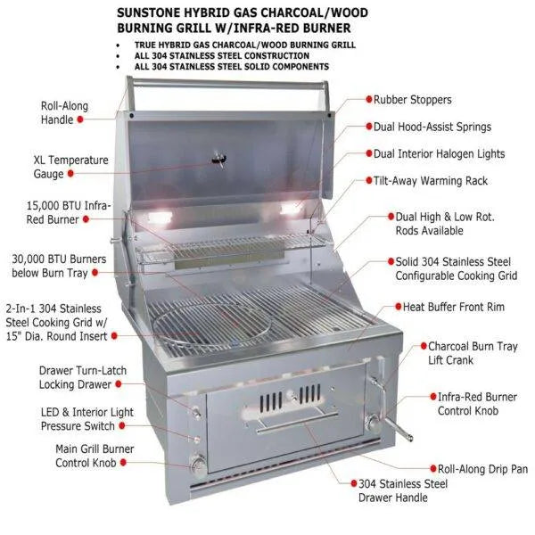 Sunstone Series 30" Gas Burner Hybrid Single Zone Charcoal & Wood Burning with Infra-Red Burner Grill (SUNCHSZ30)