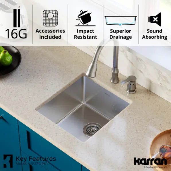 17" Small Karran Stainless Steel Undermount 16 ga Sink Kit (SU71-PK1)