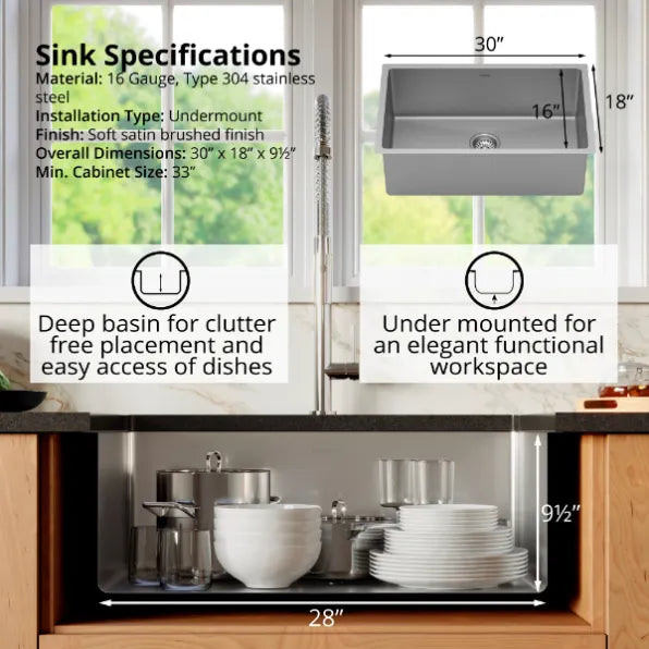 30" Large Karran Stainless Steel Undermount 16 ga Sink Kit (SU74-PK1)
