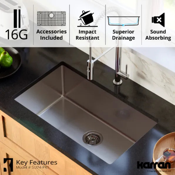 30" Large Karran Stainless Steel Undermount 16 ga Sink Kit (SU74-PK1)