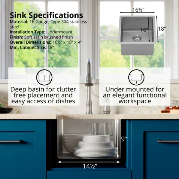 17" Small Karran Stainless Steel Undermount 16 ga Sink Kit (SU71-PK1)