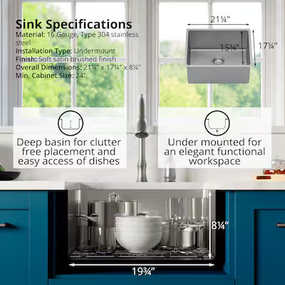21.25" Medium Karran Stainless Steel Undermount 16 ga Sink Kit (SU73-PK1)